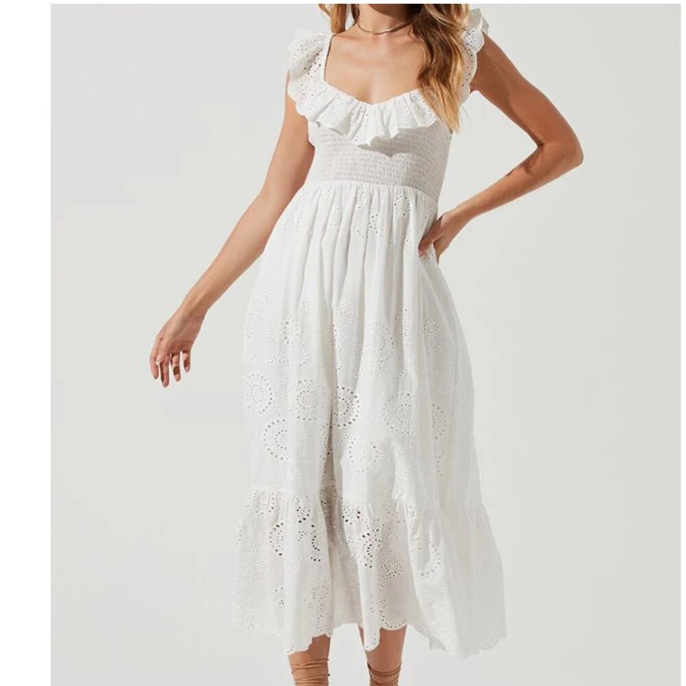 Astr White Eyelet Ruffle Midi Dress